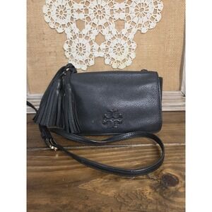 Tory Burch Black Pebbled Leather Thea Messenger Bag Flap Crossbody Purse Tassels